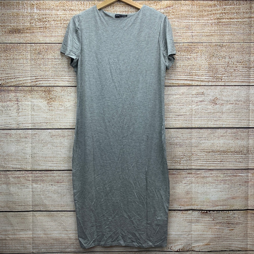 US AILFY FASHION Womens Heather‎ Grey Short Sleeve Slim Fit Midi Dress 2XL New